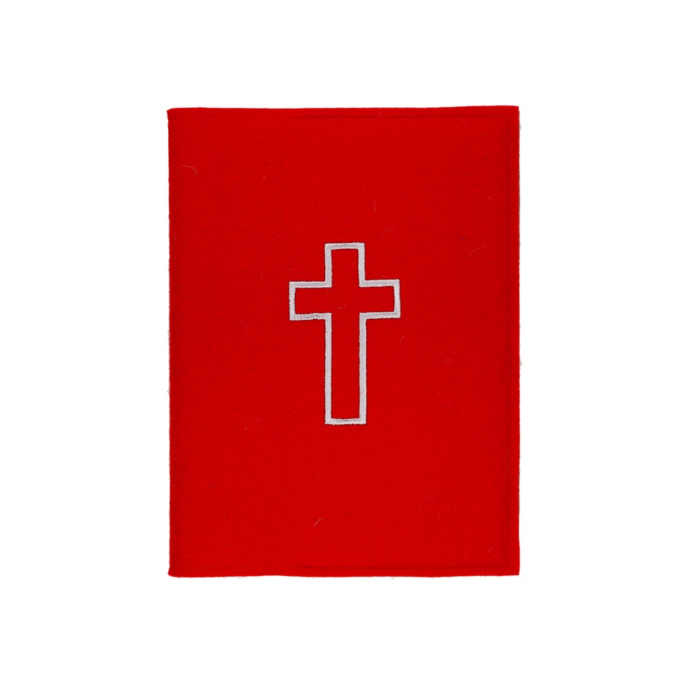 Filzhülle rot, für Verkündigungsmappe A5, mit Kreuz silber