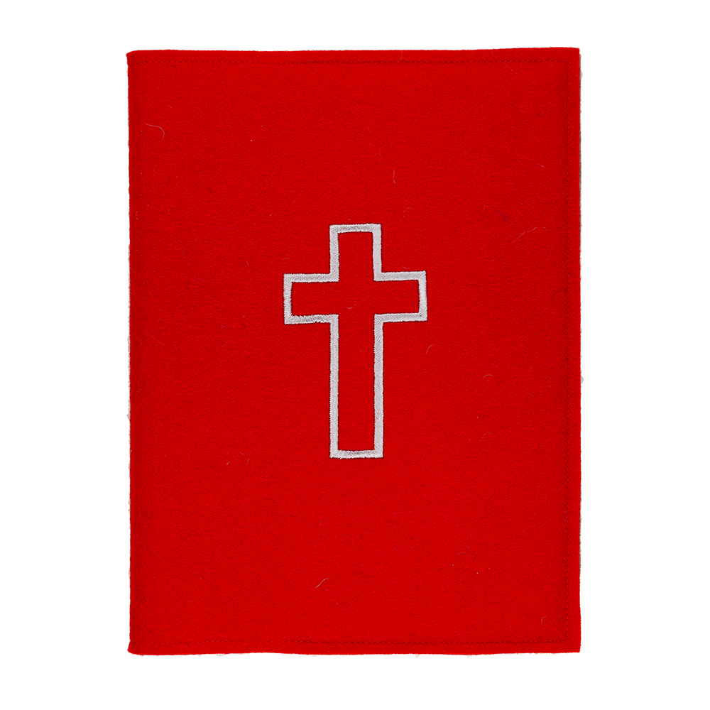 Filzhülle rot, für Verkündigungsmappe A4, mit Kreuz silber