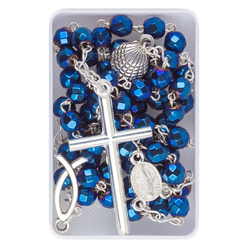Rosenkranz blau mit Schliffperle Hämatit