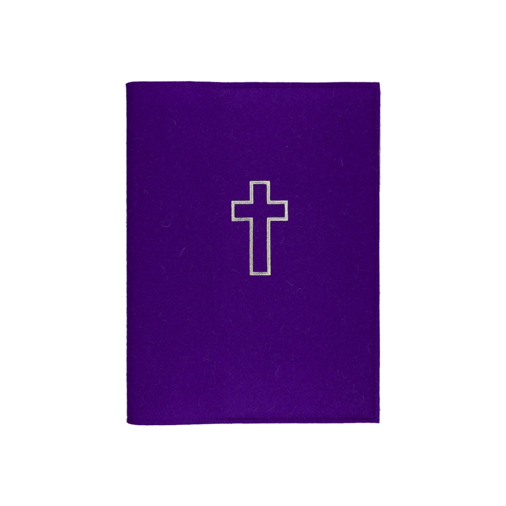 Filzhülle violett,für Verkündigungsmappe A5, mit Kreuz silber