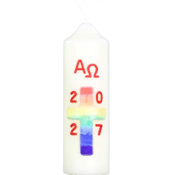 Ostertischkerze 165/50mm Regenbogen Kreuz